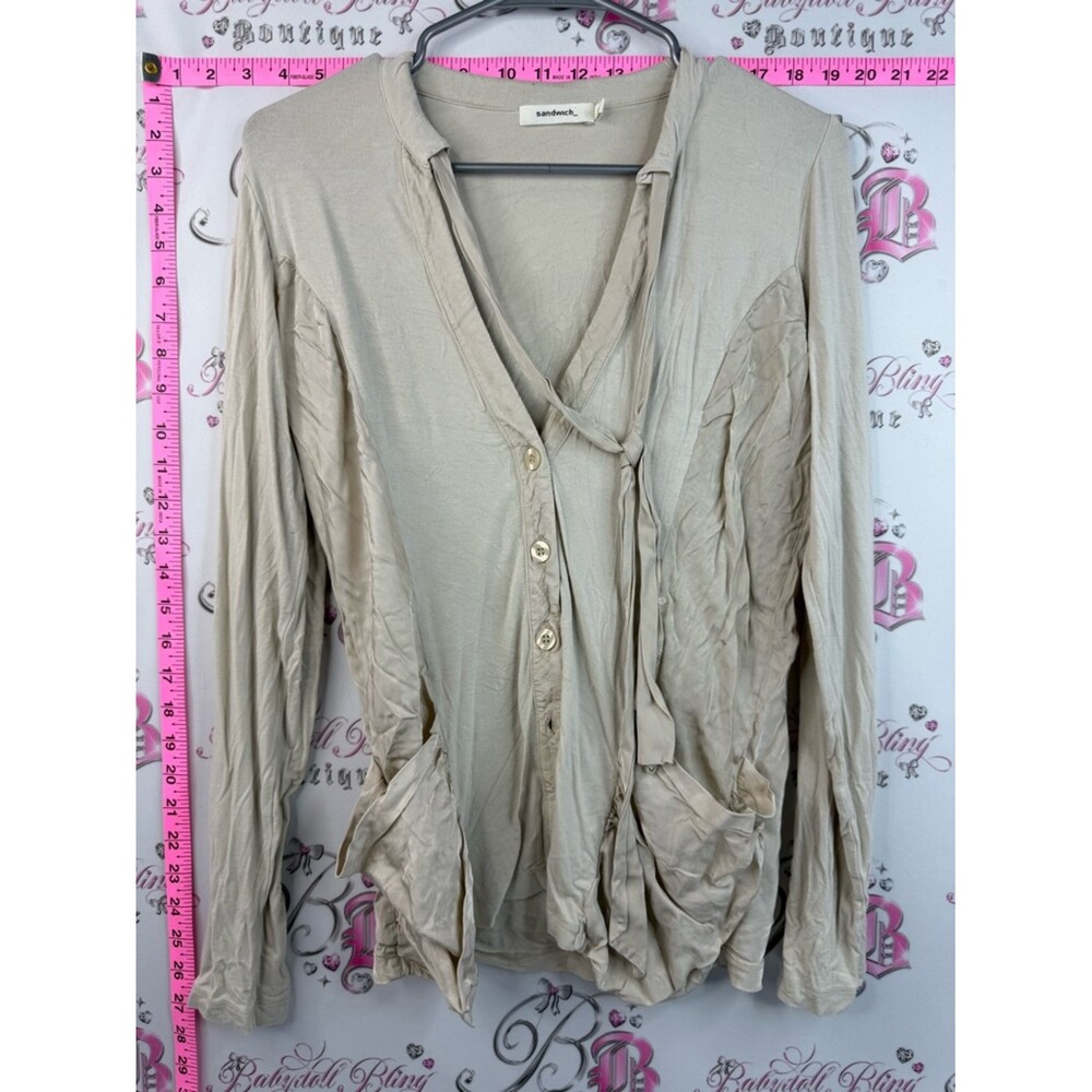 Sandwich cardigan tie up cream Beige Button-Front Tie-Neck Women's Shirt